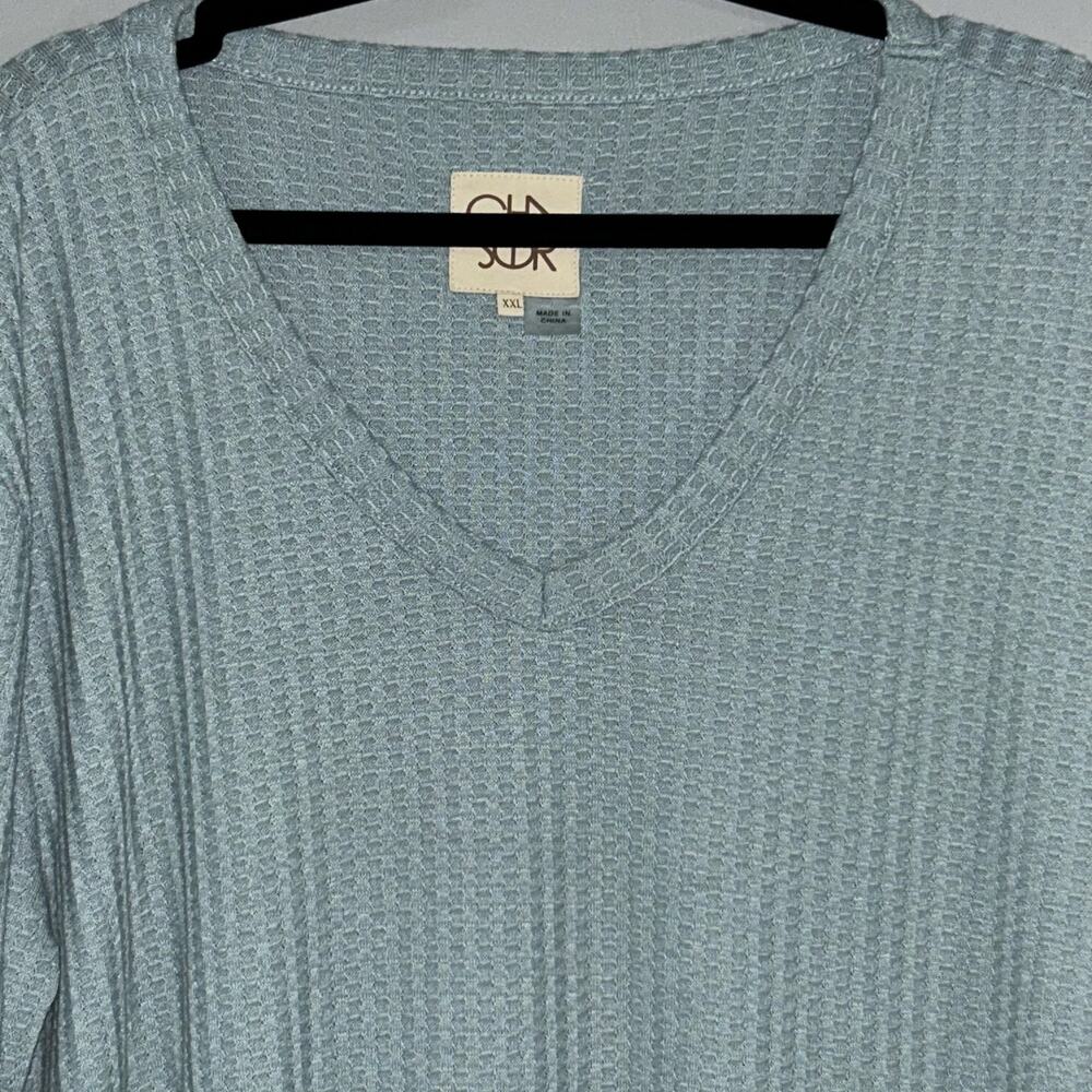 Chaser Womens Waffle Knit V-Neck Thermal Long Sleeve Top in Blue, Sz XXL